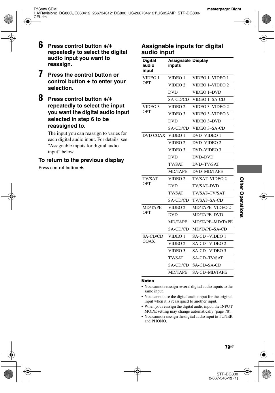 Assignable inputs for digital audio input | Sony STRDG800 User Manual | Page 79 / 100