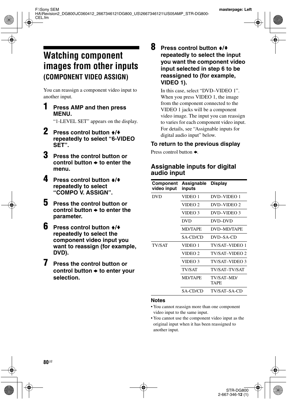 Watching component images from other, Inputs, Component video assign) | Watching component images from other inputs | Sony STRDG800 User Manual | Page 80 / 100