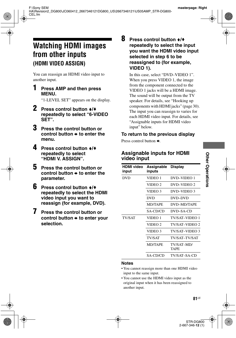 Watching hdmi images from other inputs, Hdmi video assign), E 81 | Sony STRDG800 User Manual | Page 81 / 100