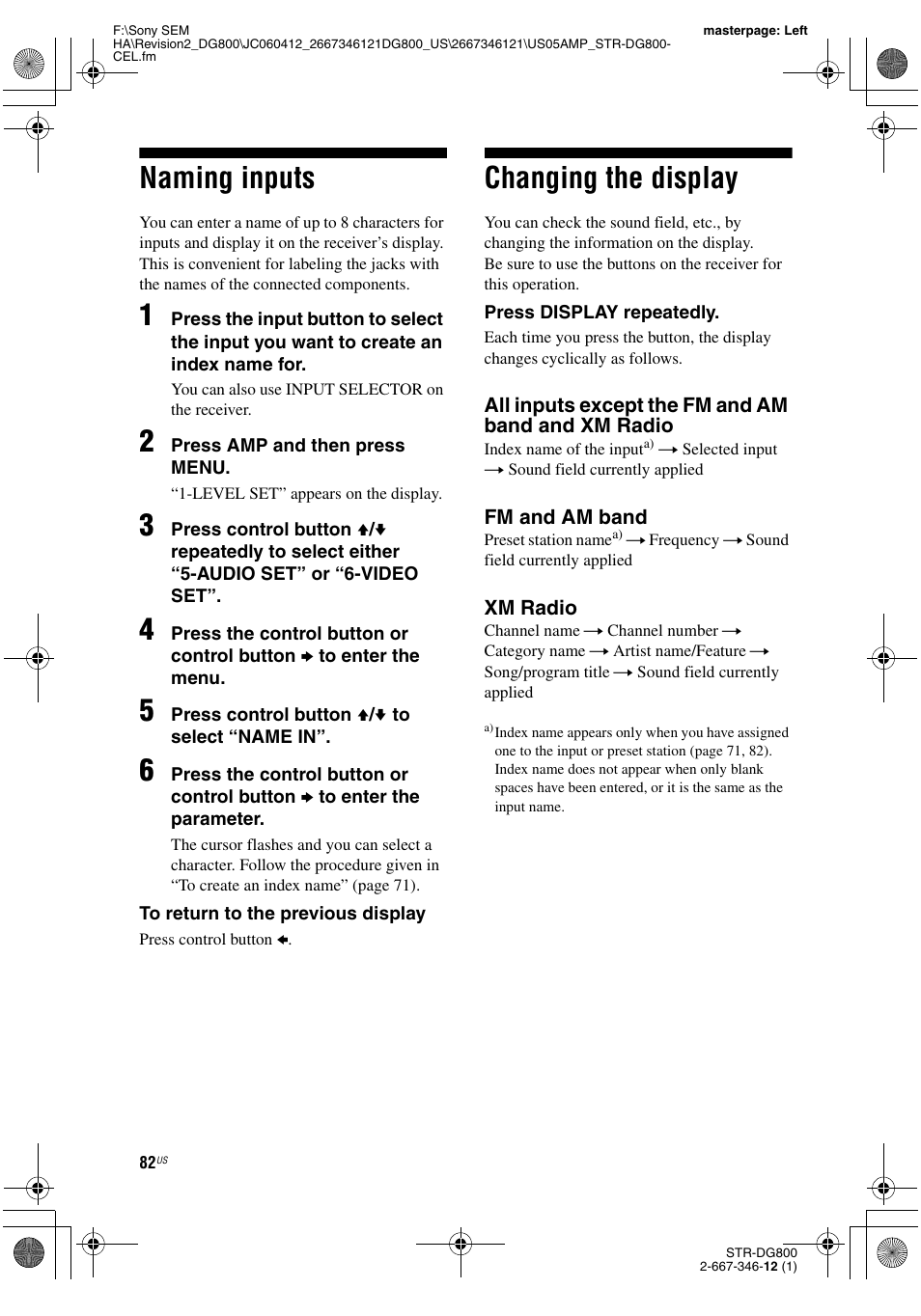 Naming inputs, Changing the display, Naming inputs changing the display | Sony STRDG800 User Manual | Page 82 / 100