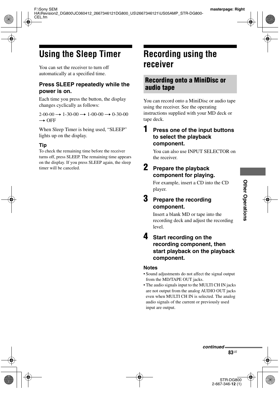 Using the sleep timer, Recording using the receiver, Using the sleep timer recording using the receiver | Recording onto a minidisc or audio tape | Sony STRDG800 User Manual | Page 83 / 100