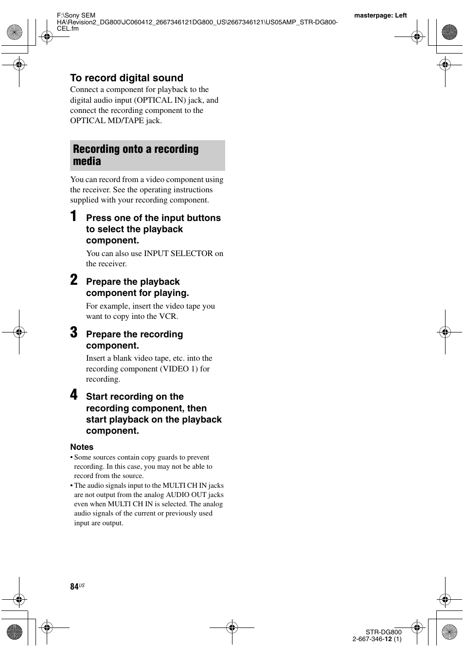 Recording onto a recording media | Sony STRDG800 User Manual | Page 84 / 100