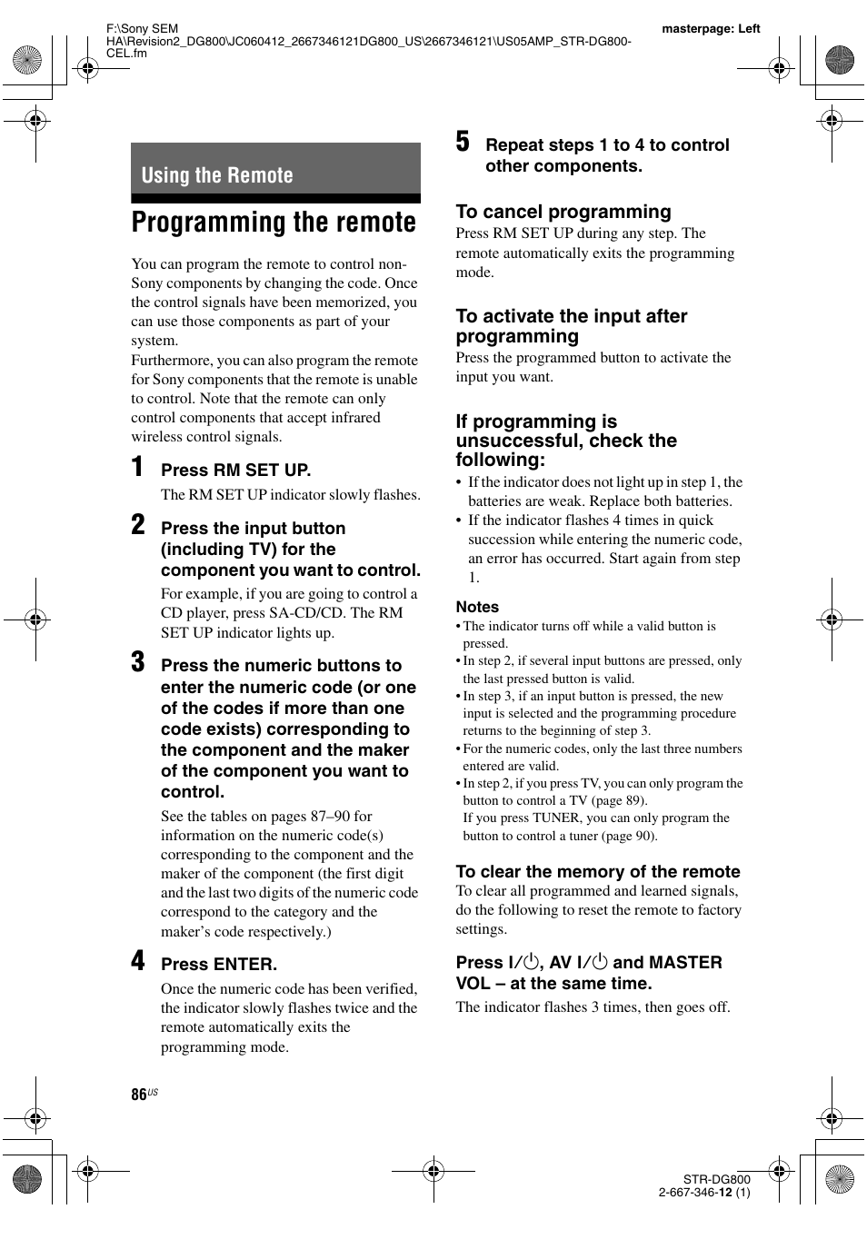 Using the remote, Programming the remote | Sony STRDG800 User Manual | Page 86 / 100