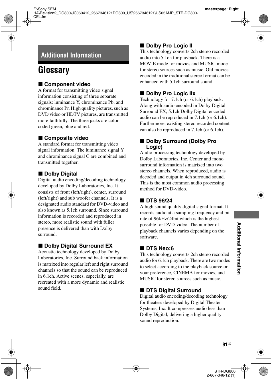 Additional information, Glossary | Sony STRDG800 User Manual | Page 91 / 100