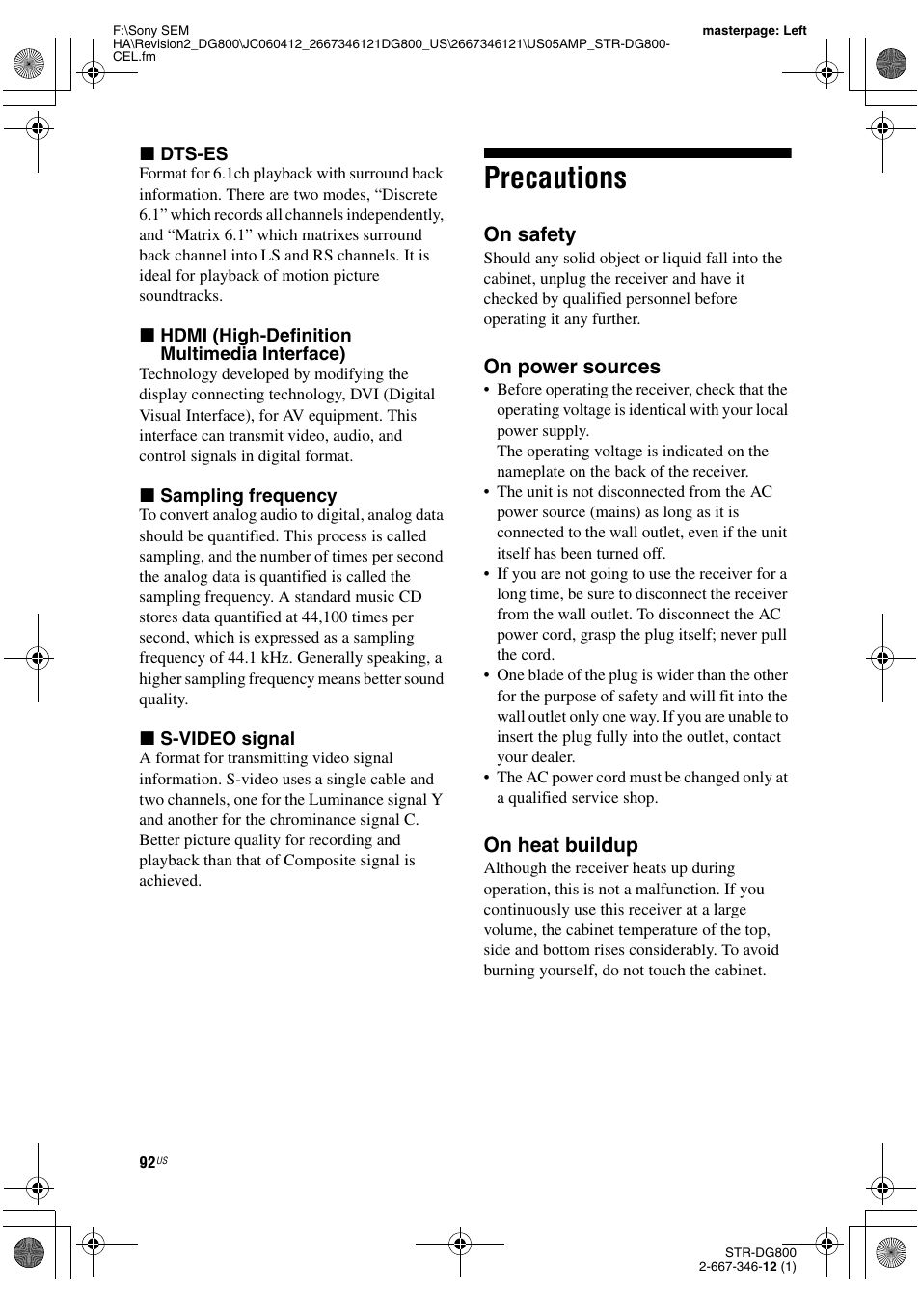 Precautions, On safety, On power sources | On heat buildup | Sony STRDG800 User Manual | Page 92 / 100