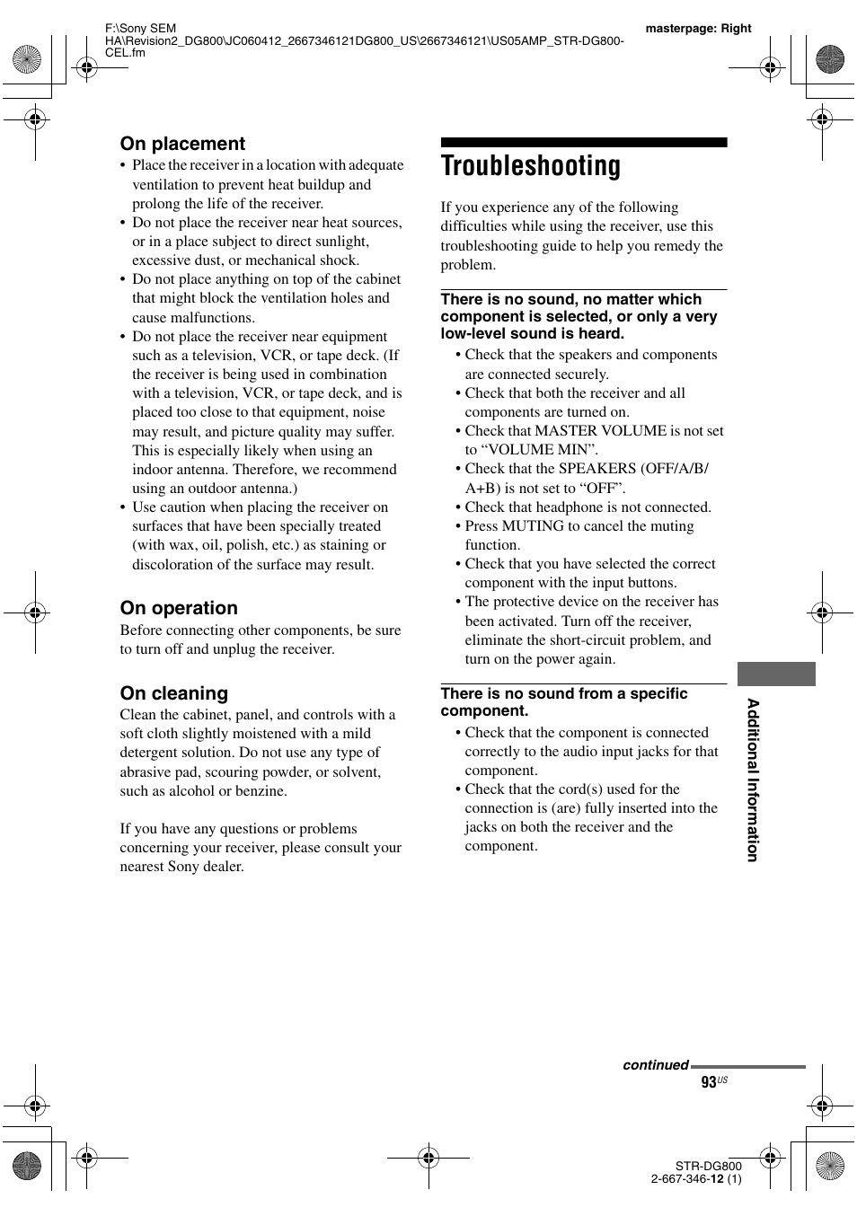 Troubleshooting, On placement, On operation | On cleaning | Sony STRDG800 User Manual | Page 93 / 100