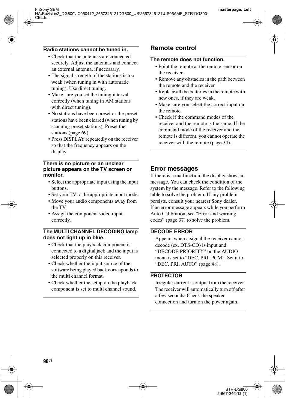 Remote control, Error messages | Sony STRDG800 User Manual | Page 96 / 100