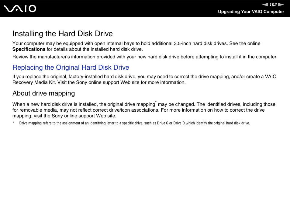 Installing the hard disk drive, Replacing the original hard disk drive, About drive mapping | Sony VGC-VA10G User Manual | Page 102 / 169