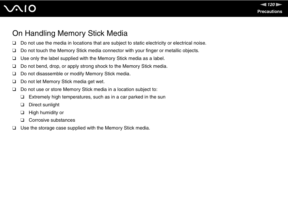 On handling memory stick media | Sony VGC-VA10G User Manual | Page 120 / 169