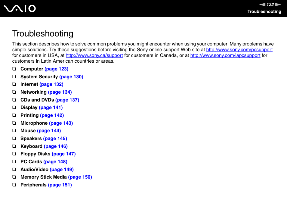 Troubleshooting | Sony VGC-VA10G User Manual | Page 122 / 169