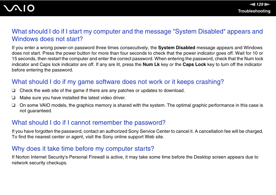 What should i do if i cannot remember the password, Why does it take time before my computer starts | Sony VGC-VA10G User Manual | Page 129 / 169
