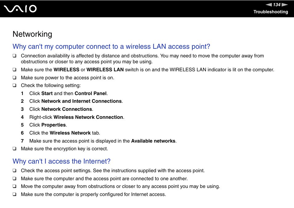 Networking, Why can't i access the internet | Sony VGC-VA10G User Manual | Page 134 / 169