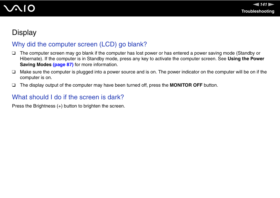 Display, Why did the computer screen (lcd) go blank, What should i do if the screen is dark | Sony VGC-VA10G User Manual | Page 141 / 169