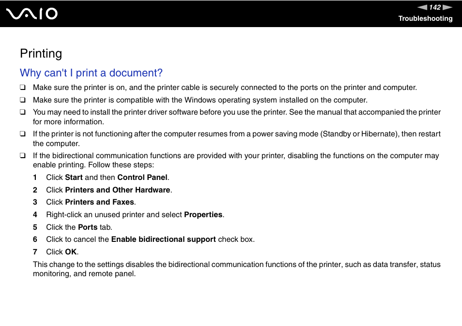 Printing, Inting, Why can't i print a document | Sony VGC-VA10G User Manual | Page 142 / 169