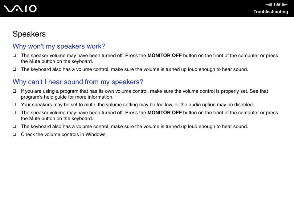 Speakers, Why won't my speakers work, Why can't i hear sound from my speakers | Sony VGC-VA10G User Manual | Page 145 / 169