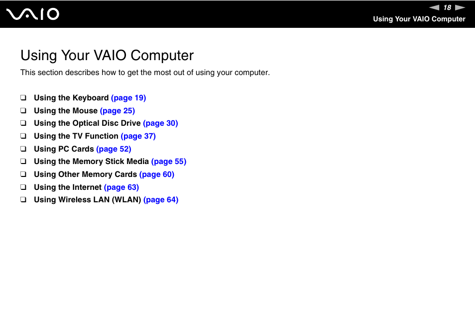 Using your vaio computer | Sony VGC-VA10G User Manual | Page 18 / 169