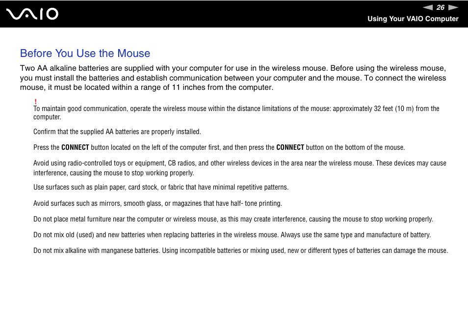 Before you use the mouse | Sony VGC-VA10G User Manual | Page 26 / 169