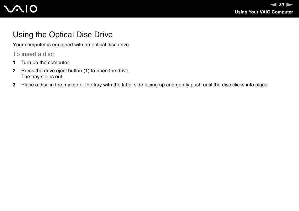 Using the optical disc drive | Sony VGC-VA10G User Manual | Page 30 / 169