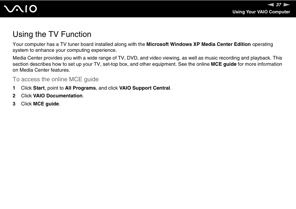 Using the tv function, Tion | Sony VGC-VA10G User Manual | Page 37 / 169