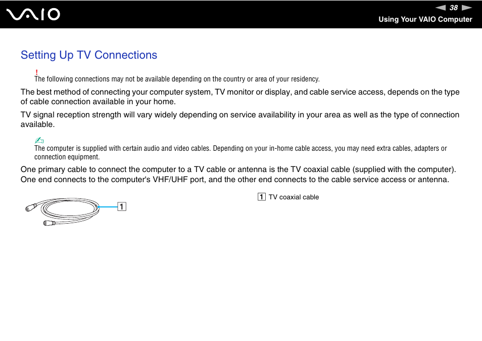 Setting up tv connections | Sony VGC-VA10G User Manual | Page 38 / 169