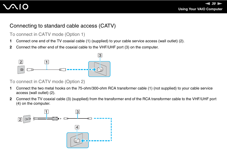 Connecting to standard cable access (catv) | Sony VGC-VA10G User Manual | Page 39 / 169