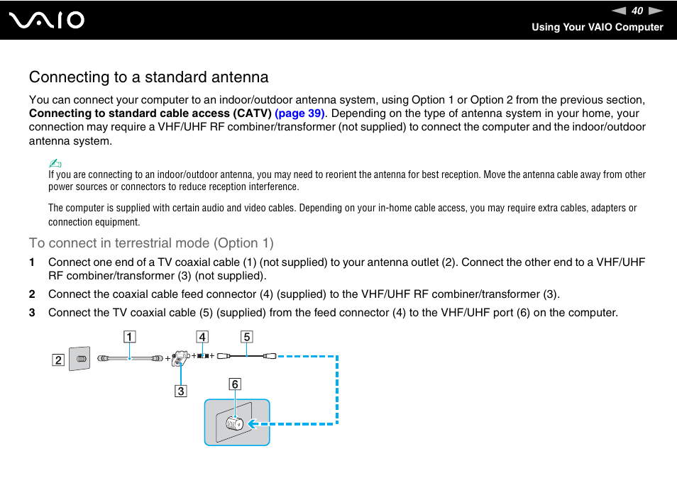 Connecting to a standard antenna | Sony VGC-VA10G User Manual | Page 40 / 169