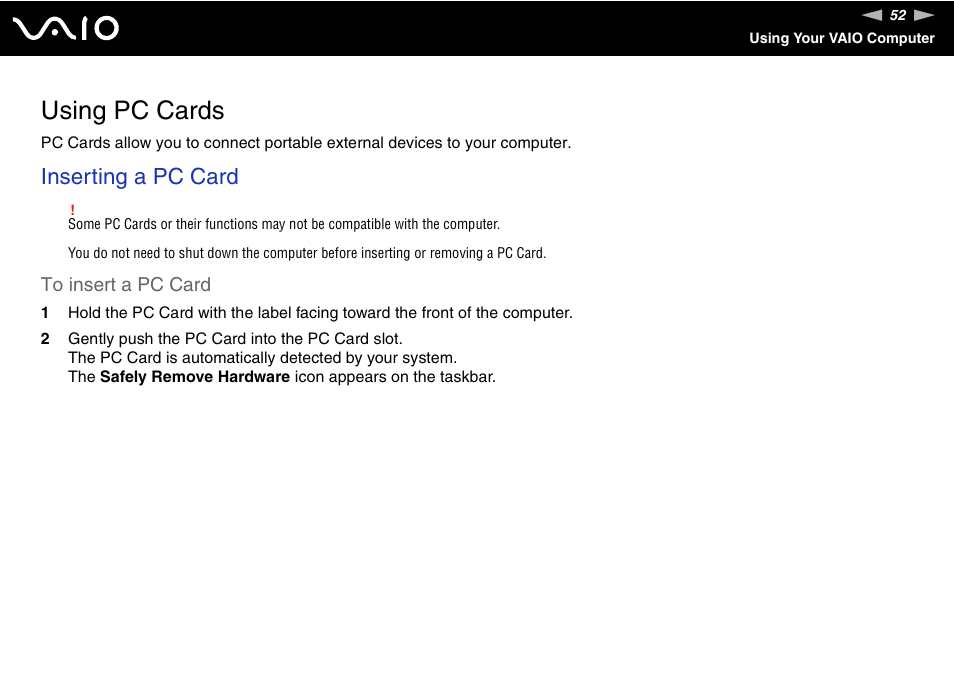 Using pc cards, Inserting a pc card | Sony VGC-VA10G User Manual | Page 52 / 169