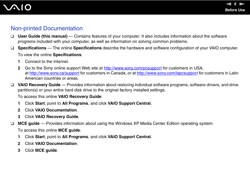 Non-printed documentation | Sony VGC-VA10G User Manual | Page 6 / 169