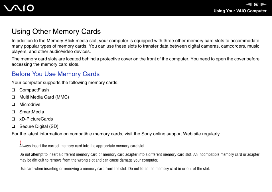 Using other memory cards | Sony VGC-VA10G User Manual | Page 60 / 169