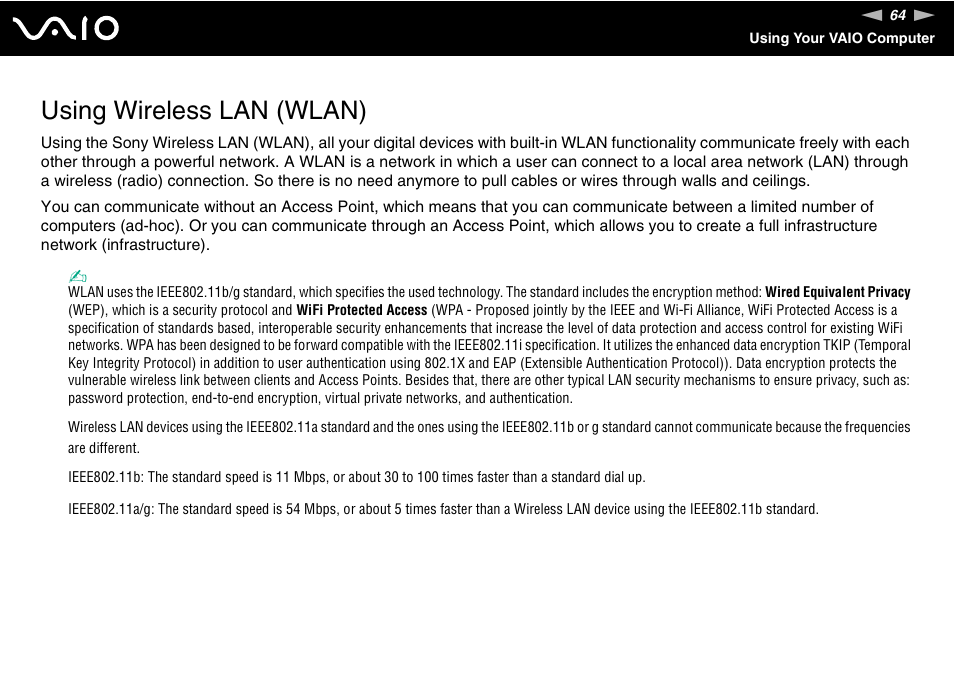 Using wireless lan (wlan) | Sony VGC-VA10G User Manual | Page 64 / 169