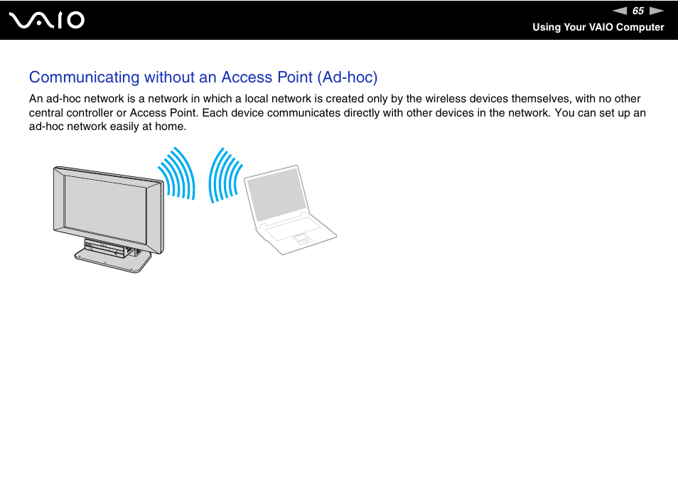 Communicating without an access point (ad-hoc) | Sony VGC-VA10G User Manual | Page 65 / 169