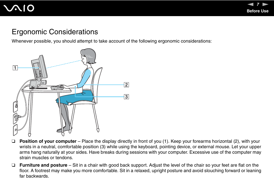 Ergonomic considerations | Sony VGC-VA10G User Manual | Page 7 / 169
