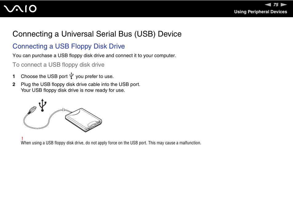 Connecting a universal serial bus (usb) device, Connecting a usb floppy disk drive | Sony VGC-VA10G User Manual | Page 75 / 169