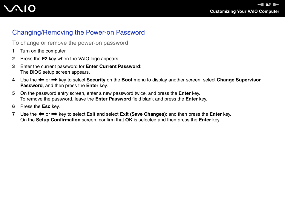 Changing/removing the power-on password | Sony VGC-VA10G User Manual | Page 85 / 169