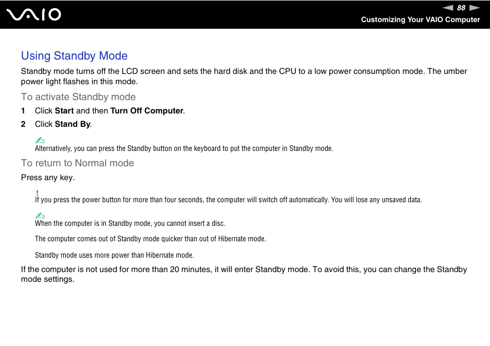 Using standby mode | Sony VGC-VA10G User Manual | Page 88 / 169