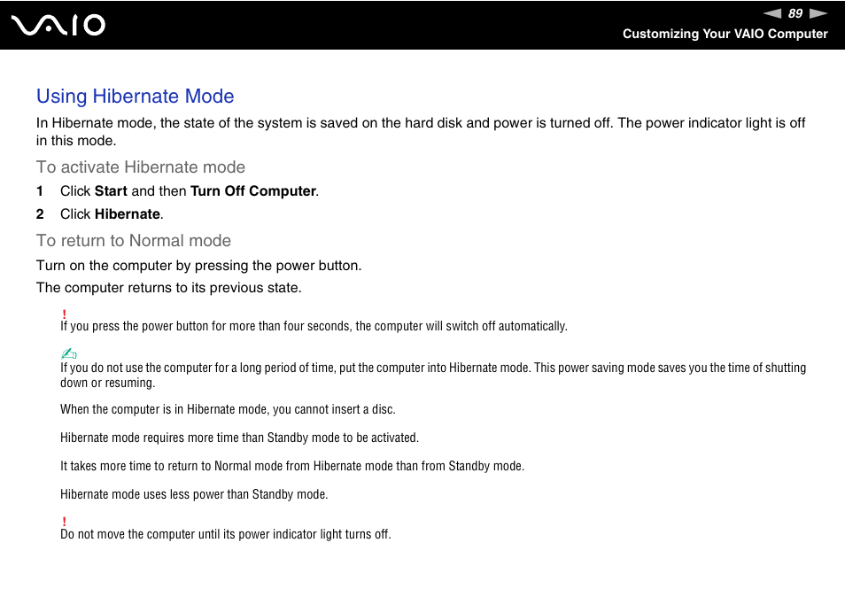 Using hibernate mode | Sony VGC-VA10G User Manual | Page 89 / 169