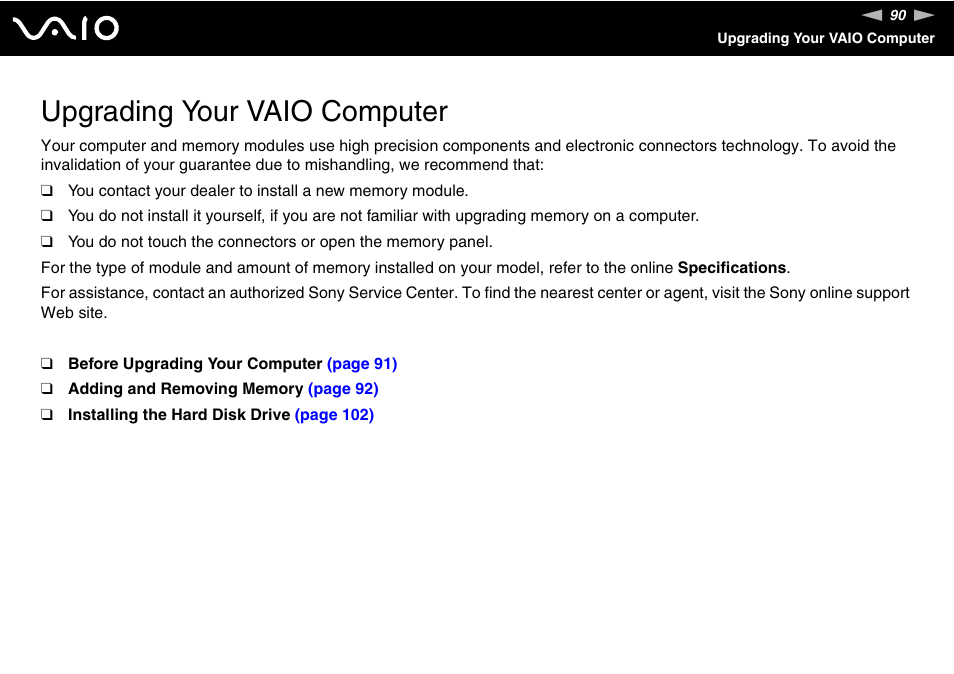 Upgrading your vaio computer | Sony VGC-VA10G User Manual | Page 90 / 169