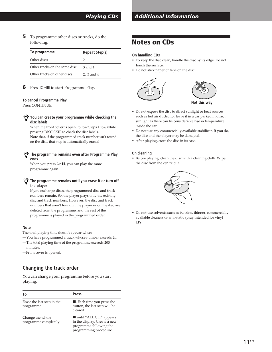 Playing cds, Changing the track order, Additional information | Sony CDP-CE105 User Manual | Page 11 / 50