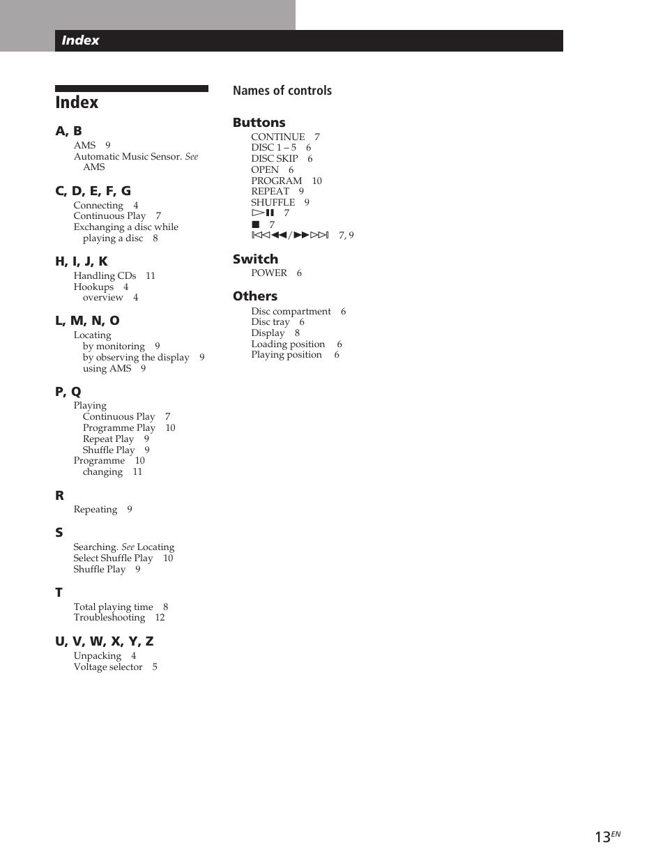 Index | Sony CDP-CE105 User Manual | Page 13 / 50