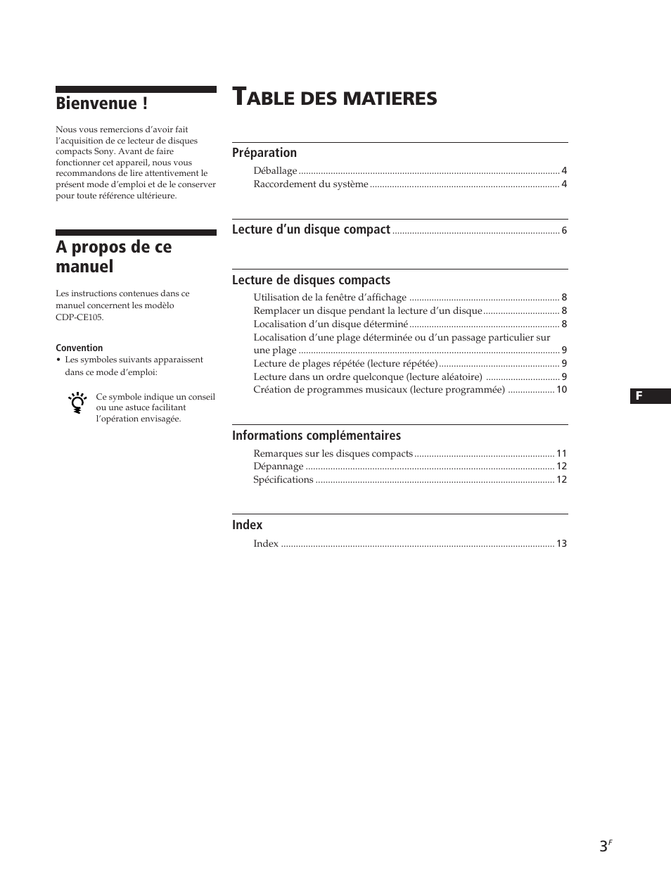 Able des matieres, A propos de ce manuel, Bienvenue | Sony CDP-CE105 User Manual | Page 15 / 50
