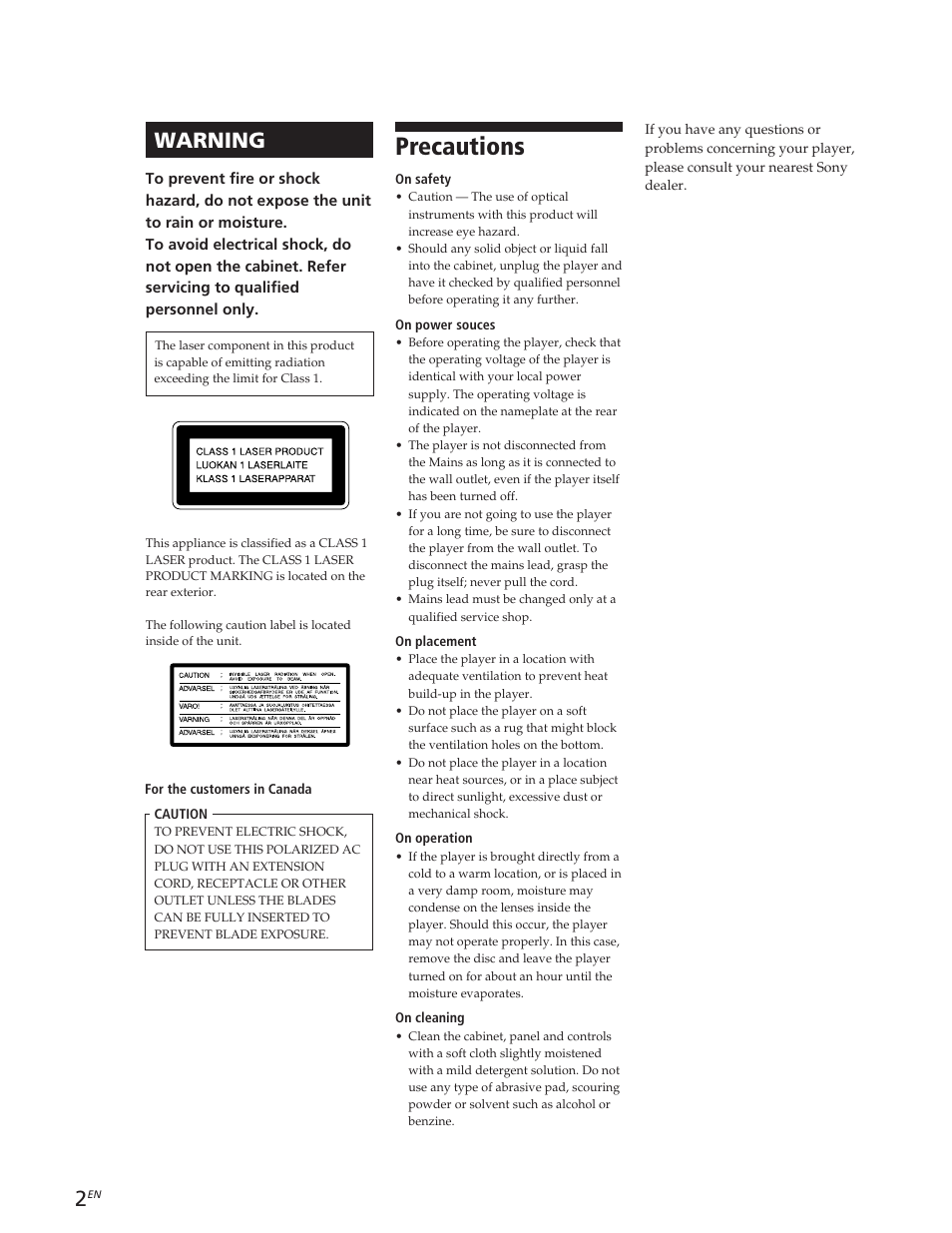 Precautions, Warning | Sony CDP-CE105 User Manual | Page 2 / 50