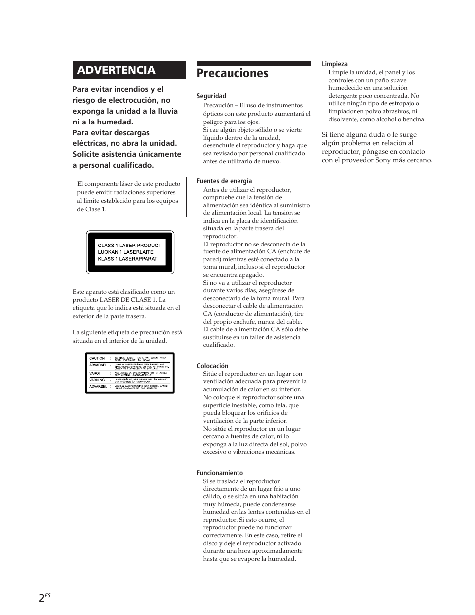 Precauciones, Advertencia | Sony CDP-CE105 User Manual | Page 26 / 50