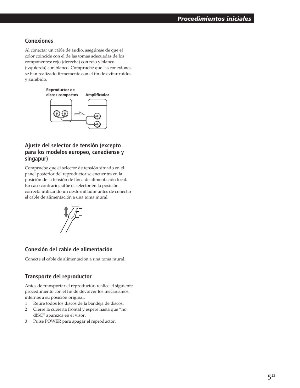 Getting started procedimientos iniciales, Conexiones, Conexión del cable de alimentación | Transporte del reproductor | Sony CDP-CE105 User Manual | Page 29 / 50