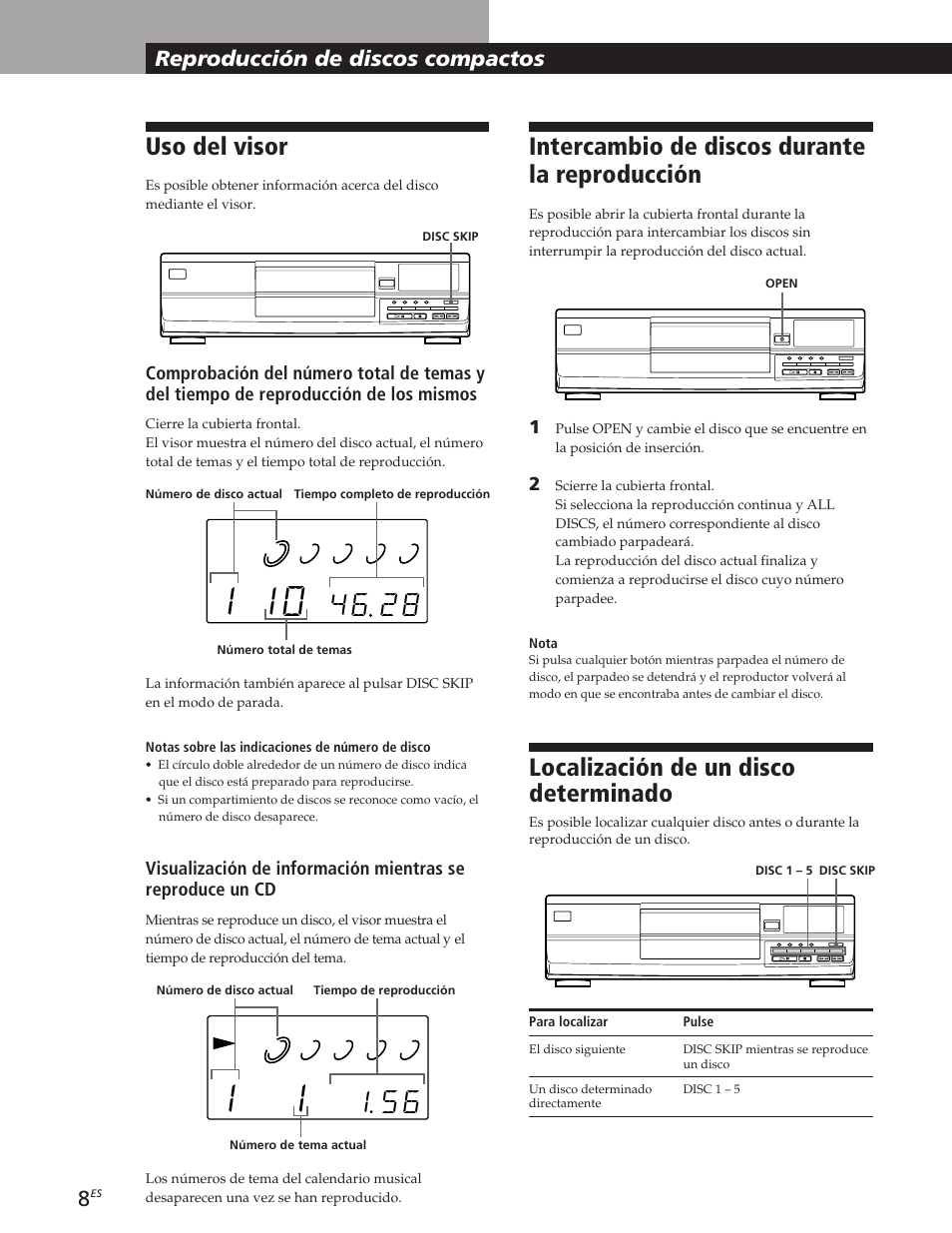 Uso del visor, Intercambio de discos durante la reproducción, Localización de un disco determinado | Reproducción de discos compactos | Sony CDP-CE105 User Manual | Page 32 / 50