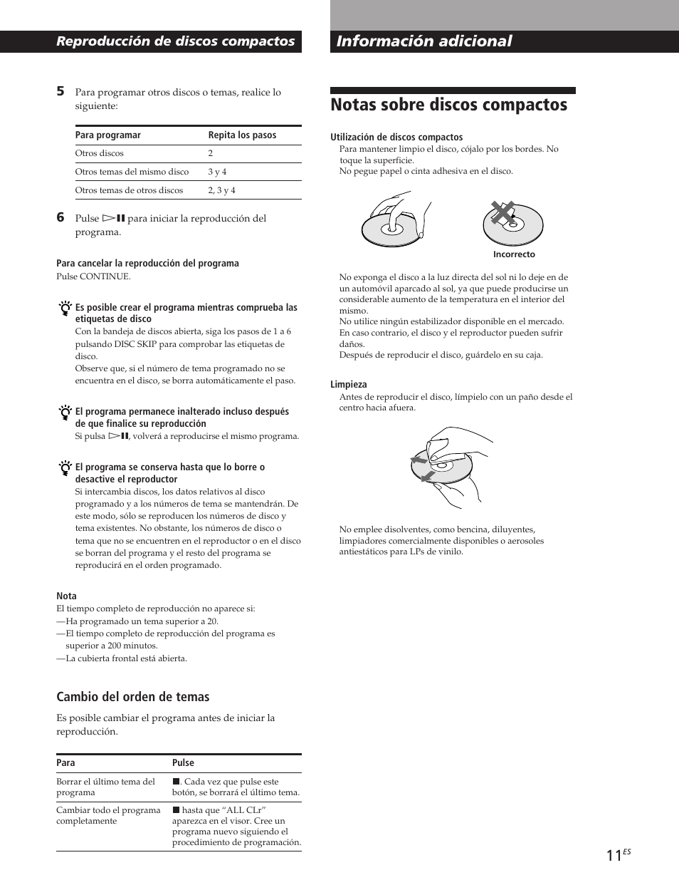 Notas sobre discos compactos, Información adicional, Reproducción de discos compactos | Cambio del orden de temas | Sony CDP-CE105 User Manual | Page 35 / 50
