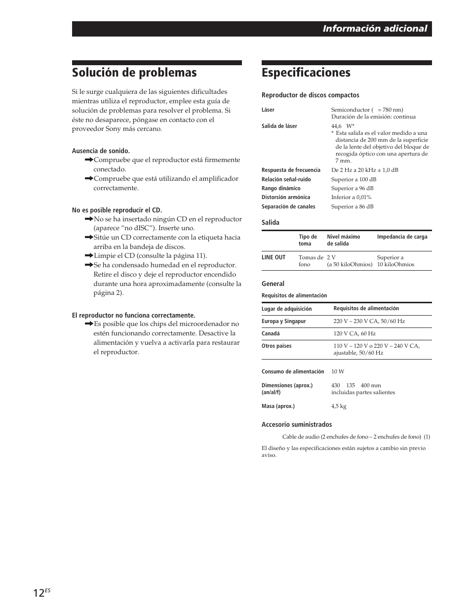 Solución de problemas, Especificaciones, Reproducción de discos compactos | Información adicional | Sony CDP-CE105 User Manual | Page 36 / 50