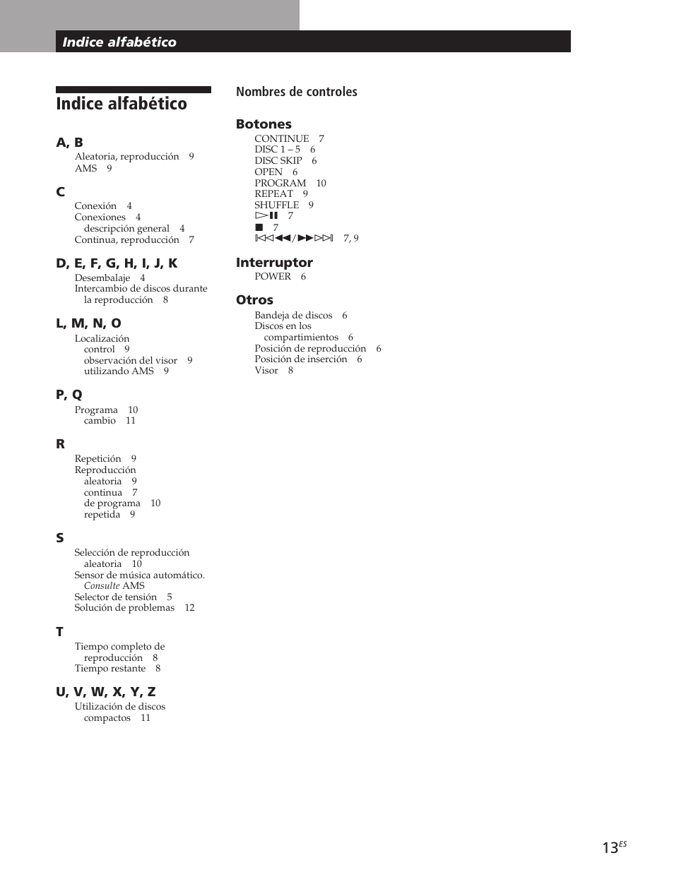Indice alfabético | Sony CDP-CE105 User Manual | Page 37 / 50