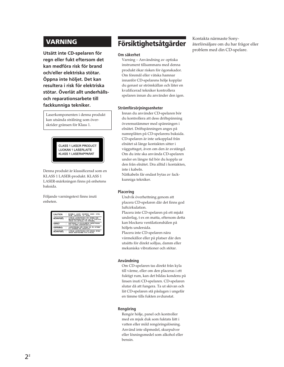 Försiktighetsåtgärder, Varning | Sony CDP-CE105 User Manual | Page 38 / 50