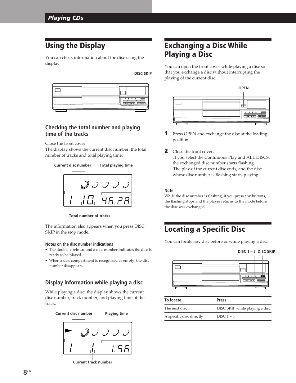 Exchanging a disc while playing a disc, Using the display, Locating a specific disc | Sony CDP-CE105 User Manual | Page 8 / 50