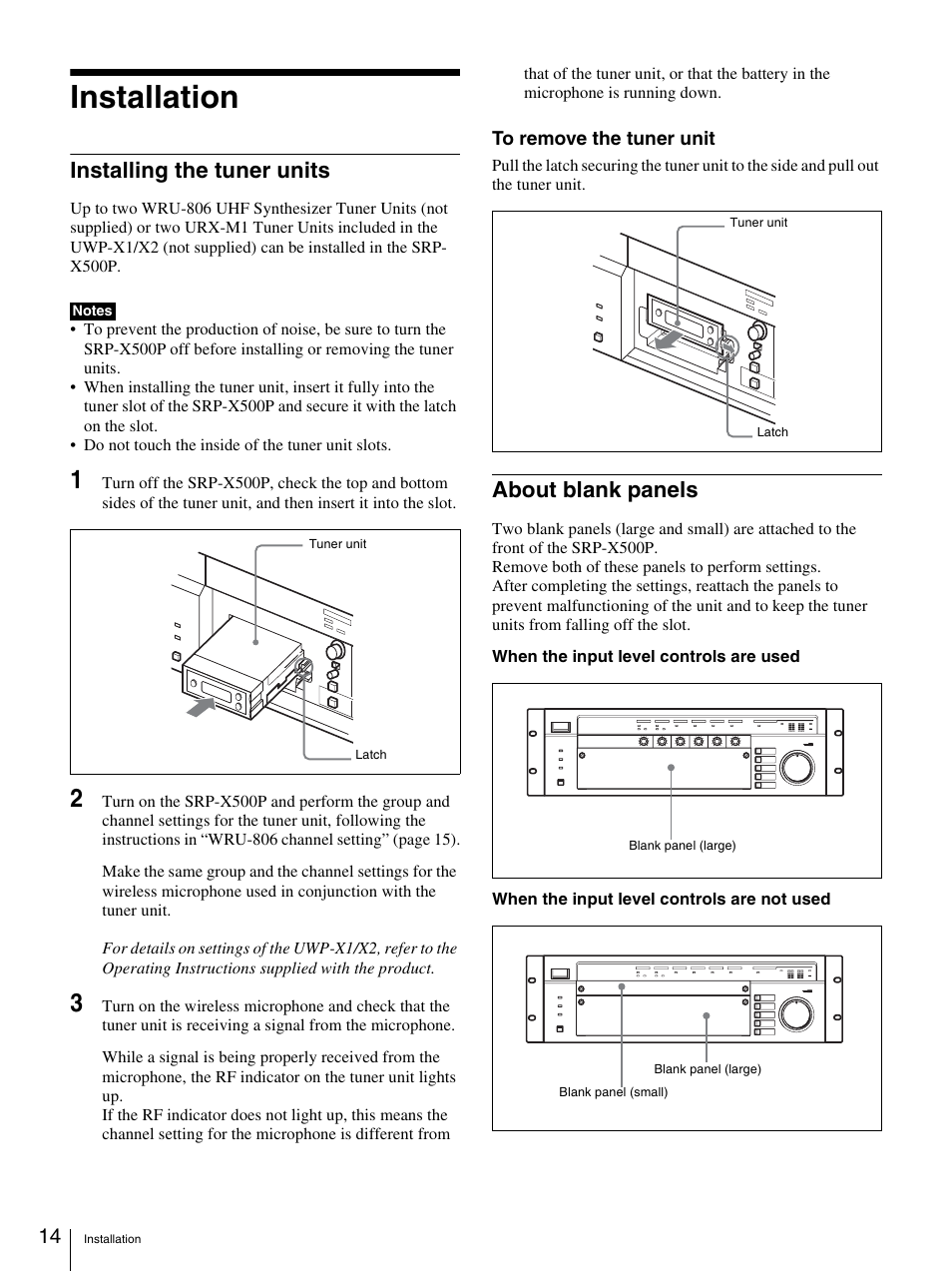 Installation, Installing the tuner units, About blank panels | Sony SRP-X500P User Manual | Page 14 / 37